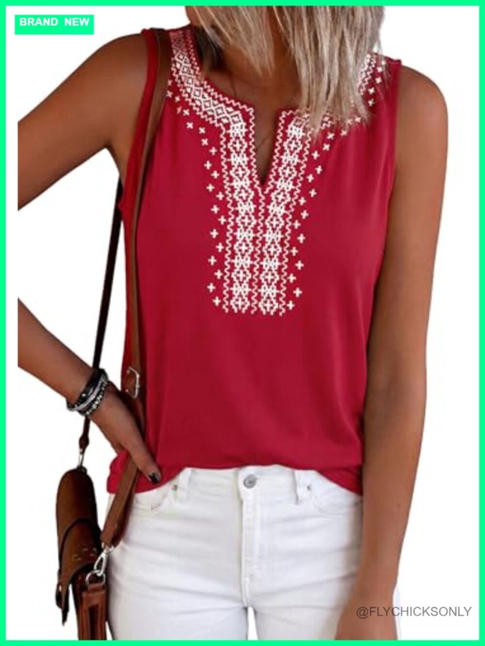 Embroidered V-Neck Sleeveless Tank Top Boho Beach Vacation Top
